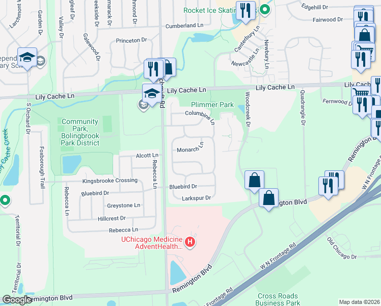 map of restaurants, bars, coffee shops, grocery stores, and more near 428 Hummingbird Lane in Bolingbrook