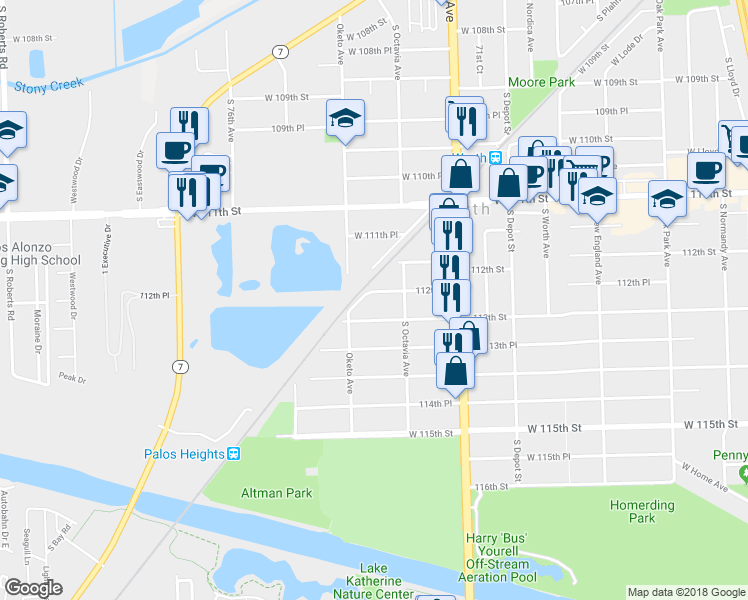 map of restaurants, bars, coffee shops, grocery stores, and more near 7327 112th Place in Worth
