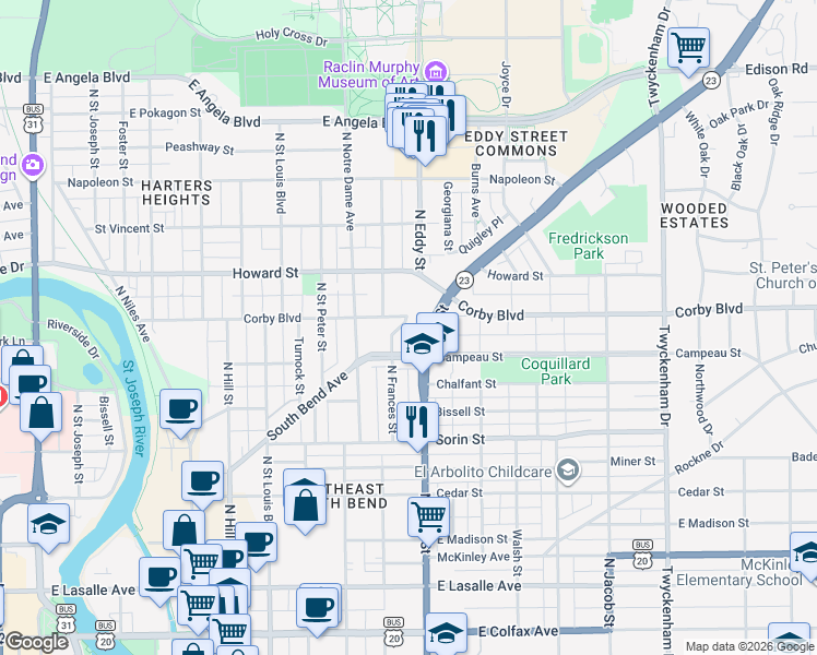 map of restaurants, bars, coffee shops, grocery stores, and more near 1016 South Bend Avenue in South Bend