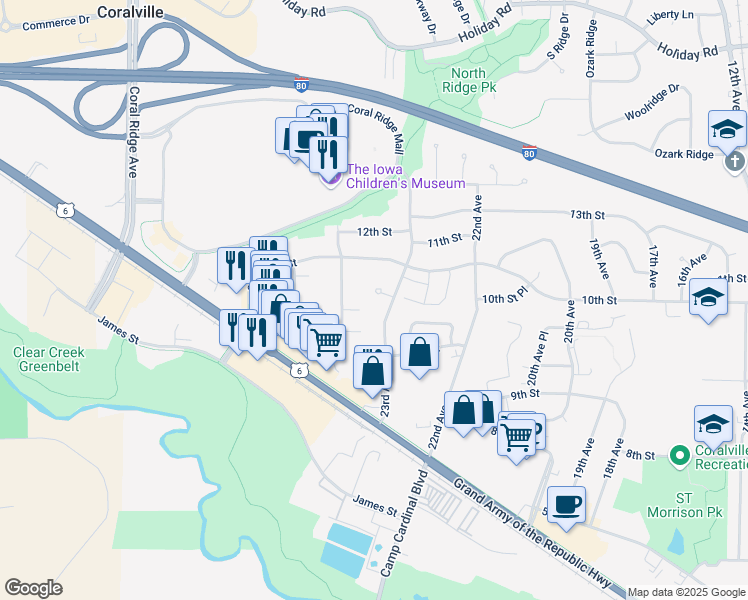 map of restaurants, bars, coffee shops, grocery stores, and more near 934 23rd Avenue Place in Coralville