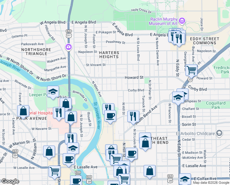 map of restaurants, bars, coffee shops, grocery stores, and more near Hammond Place in South Bend