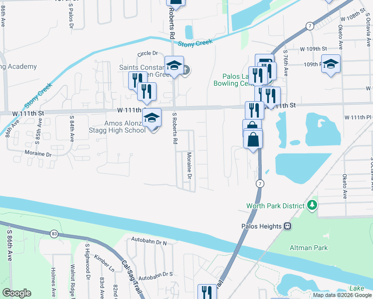 map of restaurants, bars, coffee shops, grocery stores, and more near 7959 112th Place in Palos Hills