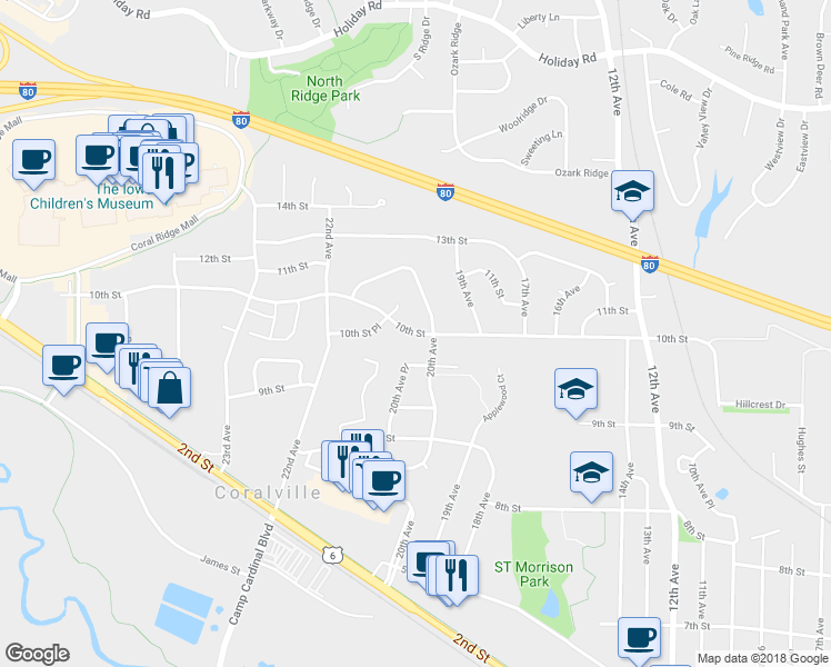 map of restaurants, bars, coffee shops, grocery stores, and more near 2004 10th Street in Coralville