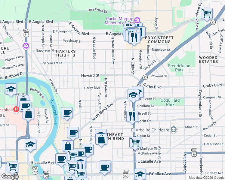 map of restaurants, bars, coffee shops, grocery stores, and more near 835 North Notre Dame Avenue in South Bend