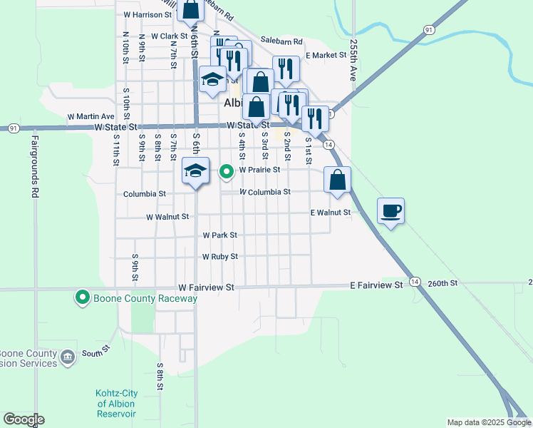 map of restaurants, bars, coffee shops, grocery stores, and more near 701 South 3rd Street in Albion
