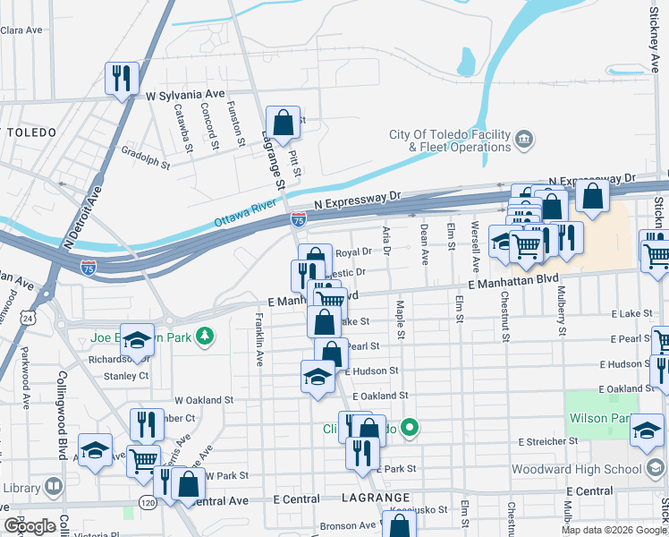 map of restaurants, bars, coffee shops, grocery stores, and more near 230 Majestic Drive in Toledo