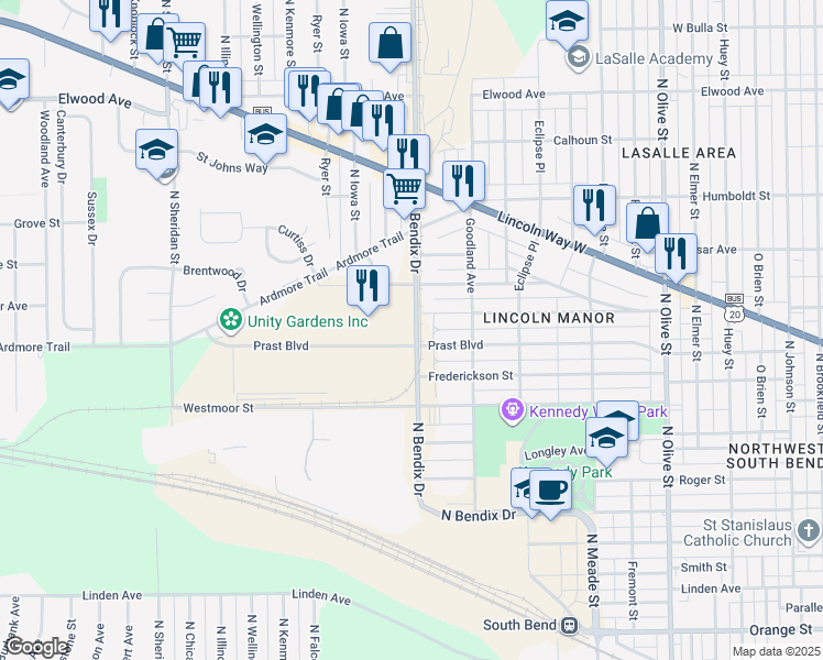 map of restaurants, bars, coffee shops, grocery stores, and more near 909 North Bendix Drive in South Bend