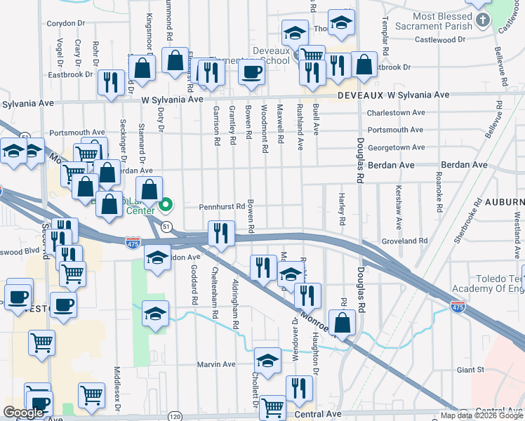 map of restaurants, bars, coffee shops, grocery stores, and more near 3642 Bowen Road in Toledo