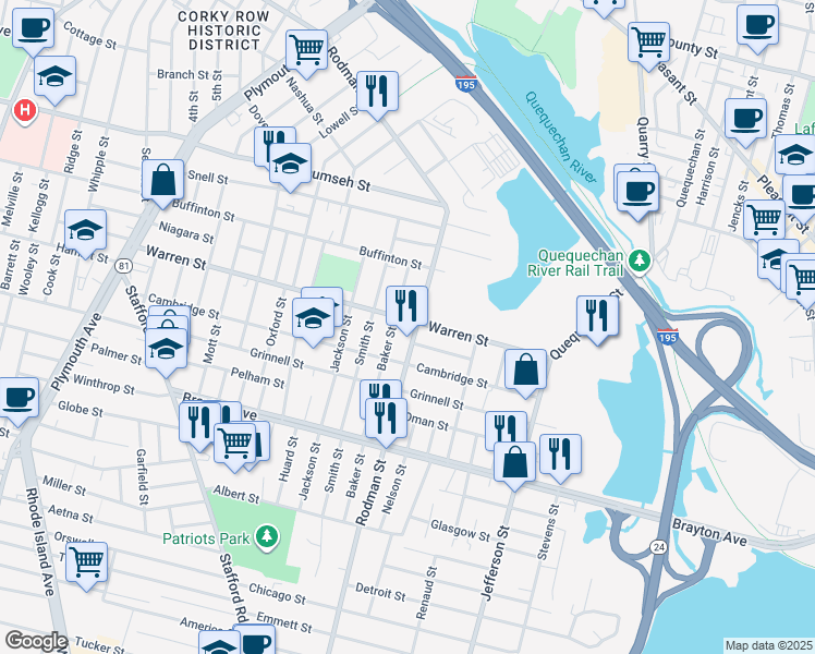 map of restaurants, bars, coffee shops, grocery stores, and more near 164 Baker Street in Fall River