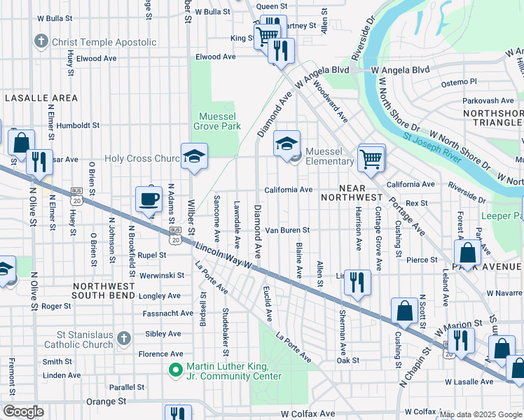 map of restaurants, bars, coffee shops, grocery stores, and more near 826 Diamond Avenue in South Bend
