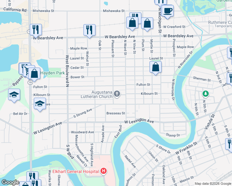 map of restaurants, bars, coffee shops, grocery stores, and more near 101-199 Pleasant Street in Elkhart