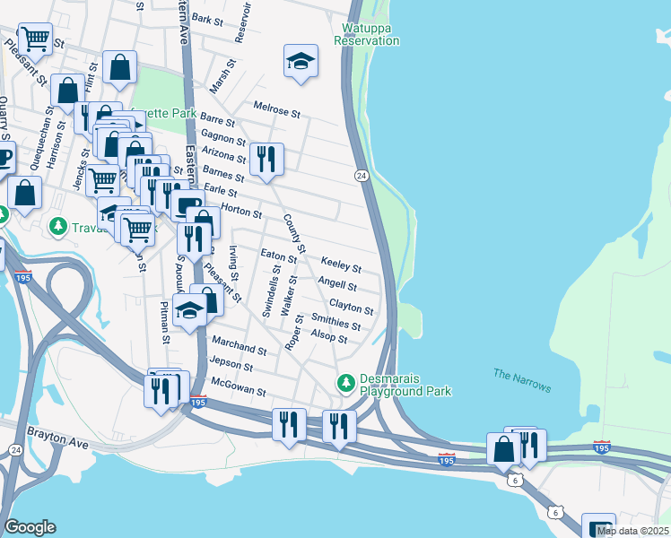 map of restaurants, bars, coffee shops, grocery stores, and more near 92 Angell Street in Fall River