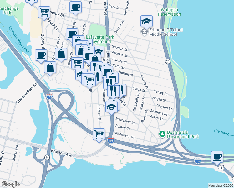map of restaurants, bars, coffee shops, grocery stores, and more near 800 U.S. 6 in Fall River