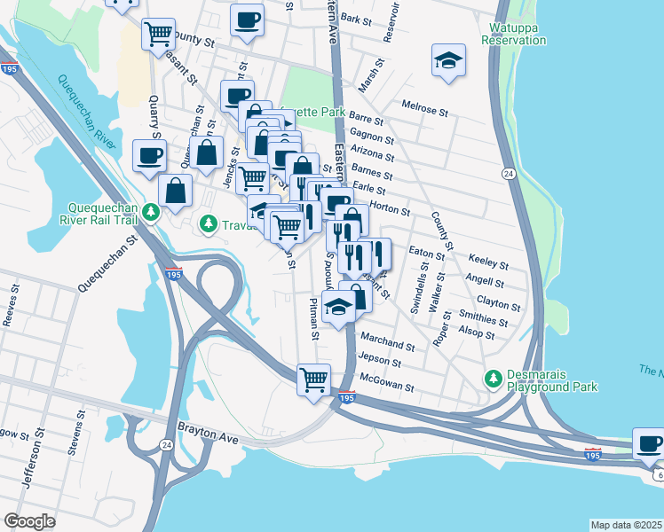 map of restaurants, bars, coffee shops, grocery stores, and more near 83 Raymond Street in Fall River