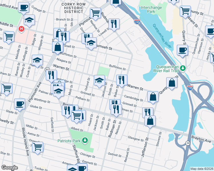 map of restaurants, bars, coffee shops, grocery stores, and more near 187 Smith Street in Fall River
