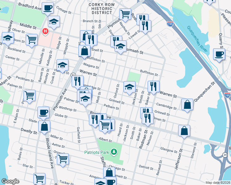 map of restaurants, bars, coffee shops, grocery stores, and more near 118 Oxford Street in Fall River