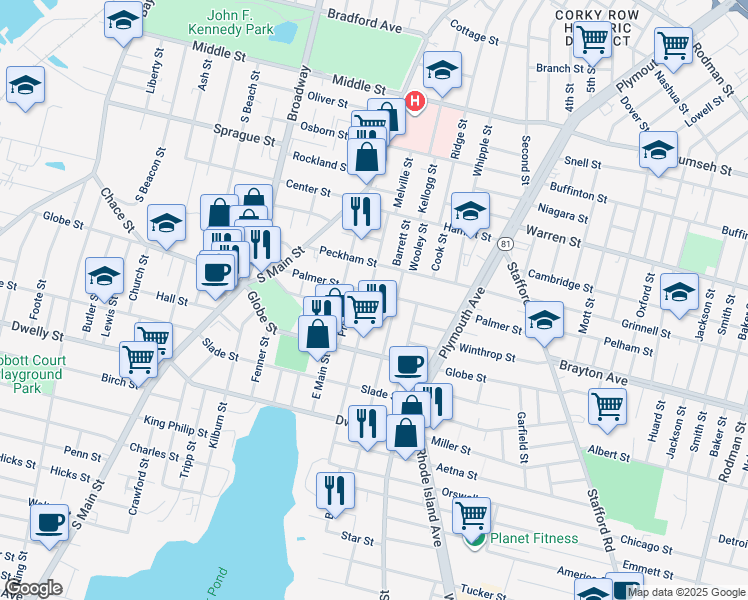 map of restaurants, bars, coffee shops, grocery stores, and more near 240 Montaup Street in Fall River