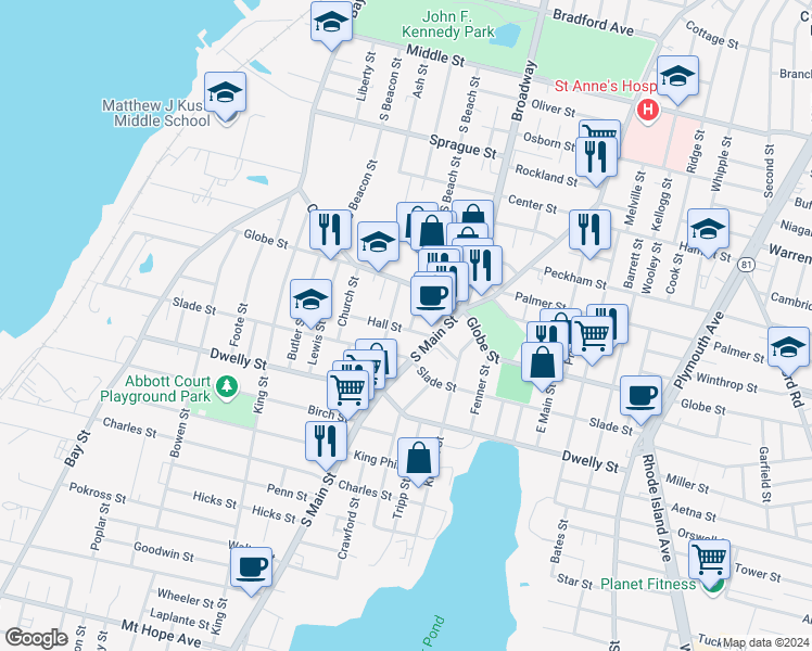 map of restaurants, bars, coffee shops, grocery stores, and more near 139 Hall Street in Fall River