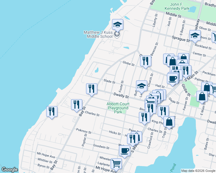 map of restaurants, bars, coffee shops, grocery stores, and more near 252 Dwelly Street in Fall River
