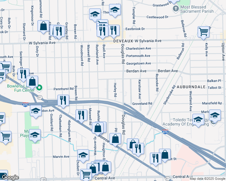 map of restaurants, bars, coffee shops, grocery stores, and more near 3640 Wyckliffe Parkway in Toledo