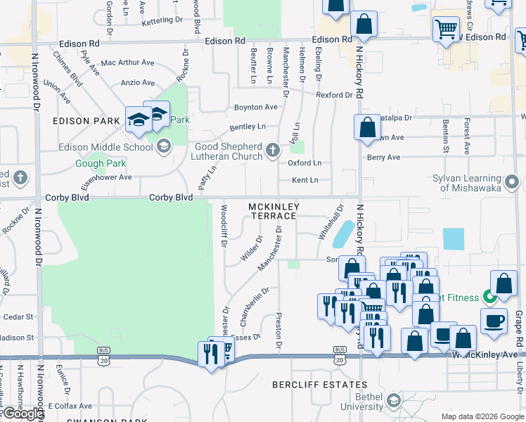 map of restaurants, bars, coffee shops, grocery stores, and more near 3214 Salem Drive in South Bend