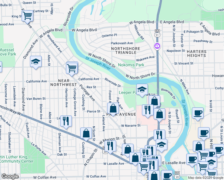 map of restaurants, bars, coffee shops, grocery stores, and more near 849-869 Forest Avenue in South Bend