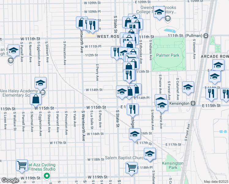 map of restaurants, bars, coffee shops, grocery stores, and more near 30 West 114th Place in Chicago