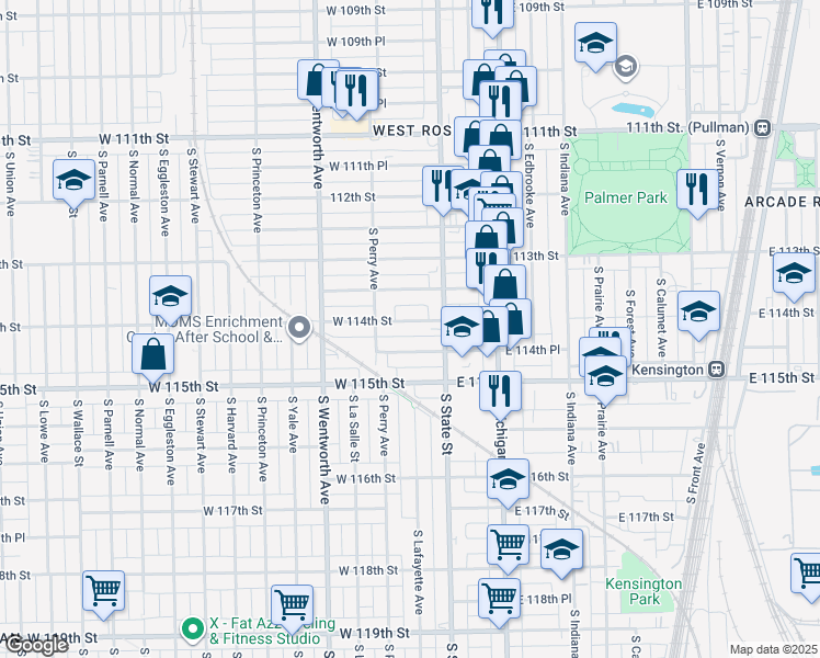 map of restaurants, bars, coffee shops, grocery stores, and more near 30 West 114th Place in Chicago
