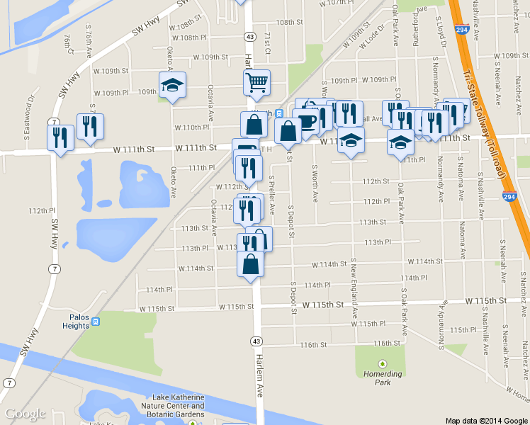map of restaurants, bars, coffee shops, grocery stores, and more near 7132 113th Street in Worth