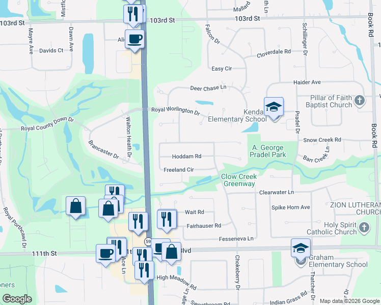 map of restaurants, bars, coffee shops, grocery stores, and more near 2632 Hoddam Road in Naperville