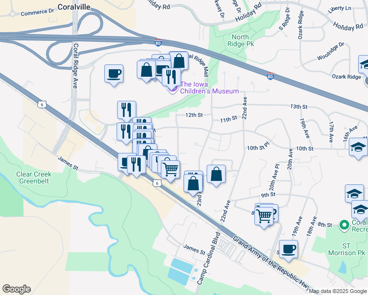 map of restaurants, bars, coffee shops, grocery stores, and more near 919 Boston Way in Coralville