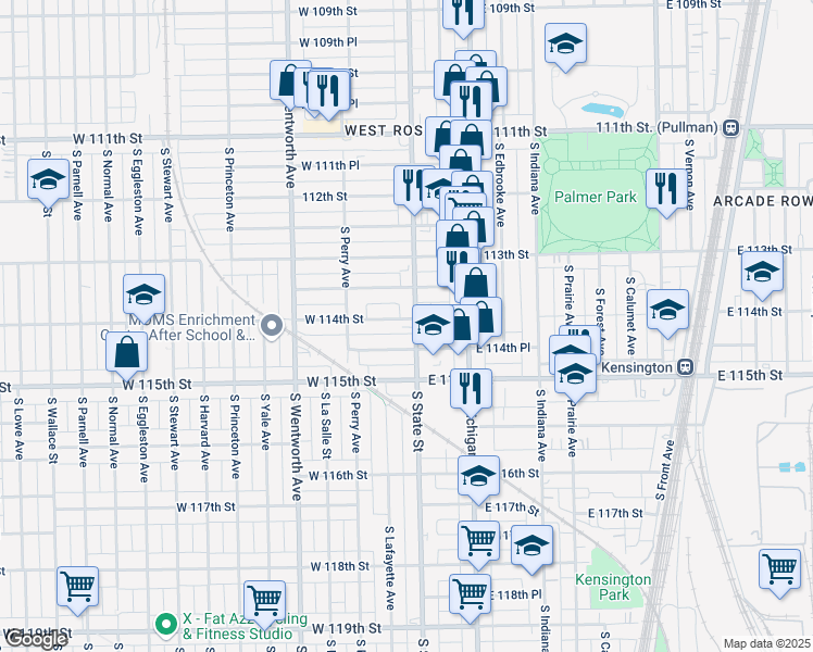 map of restaurants, bars, coffee shops, grocery stores, and more near 30 West 114th Place in Chicago