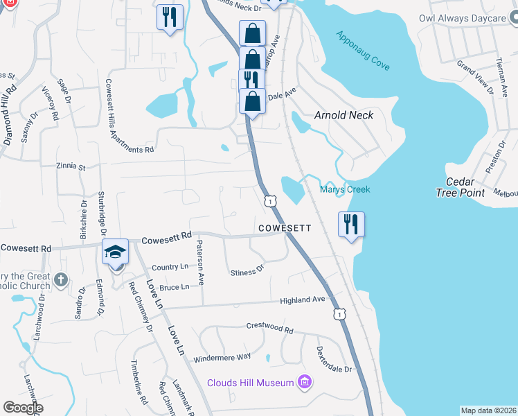 map of restaurants, bars, coffee shops, grocery stores, and more near 49 Rice Street in Warwick