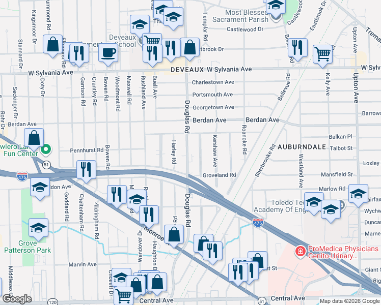map of restaurants, bars, coffee shops, grocery stores, and more near 3635 Douglas Road in Toledo