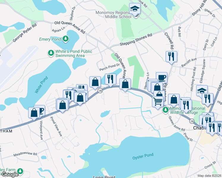 map of restaurants, bars, coffee shops, grocery stores, and more near 1077 Main Street in Chatham