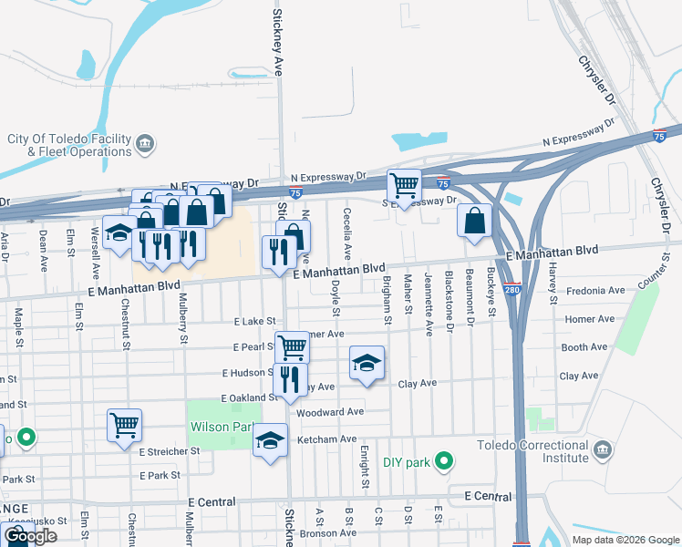 map of restaurants, bars, coffee shops, grocery stores, and more near 936 East Manhattan Boulevard in Toledo