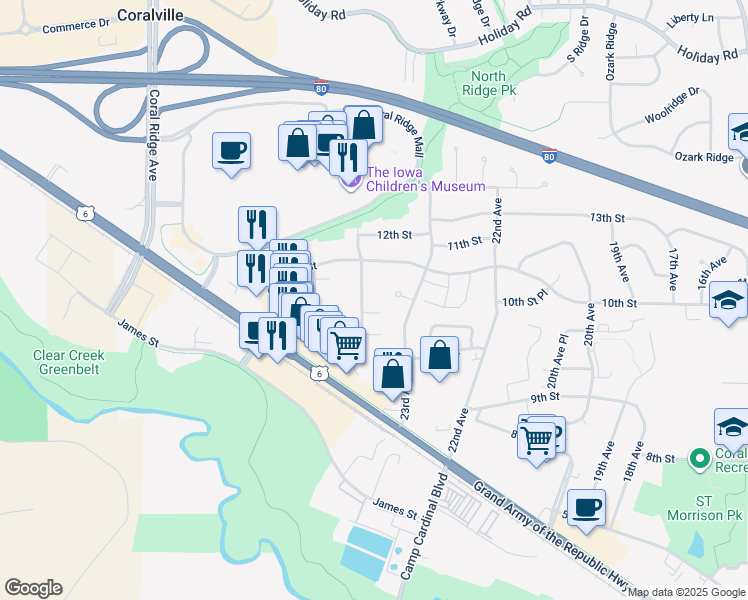map of restaurants, bars, coffee shops, grocery stores, and more near 919 Boston Way in Coralville