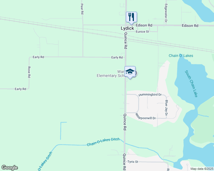 map of restaurants, bars, coffee shops, grocery stores, and more near 55455 Quince Road in South Bend