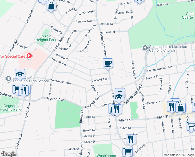 map of restaurants, bars, coffee shops, grocery stores, and more near 55 Oakland Avenue in New Britain