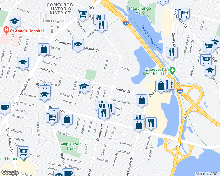 map of restaurants, bars, coffee shops, grocery stores, and more near 601 Warren Street in Fall River