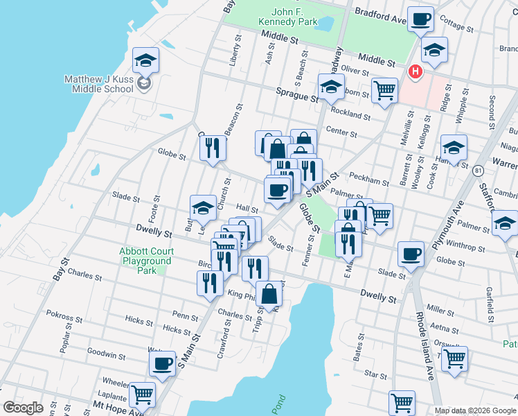 map of restaurants, bars, coffee shops, grocery stores, and more near 139 Hall Street in Fall River
