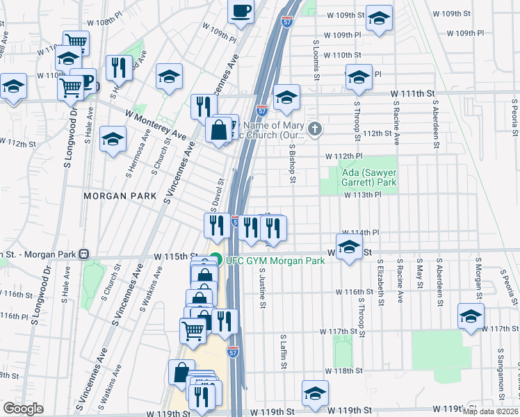 map of restaurants, bars, coffee shops, grocery stores, and more near 11400 South Laflin Street in Chicago