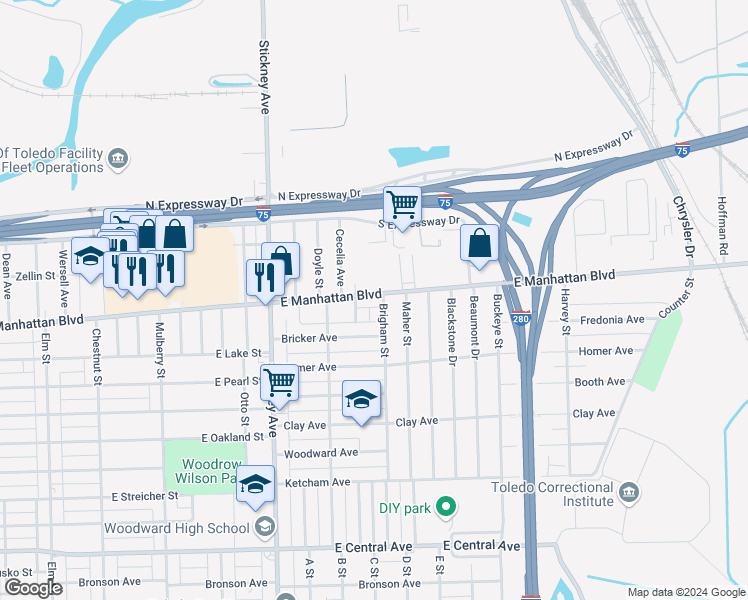 map of restaurants, bars, coffee shops, grocery stores, and more near 1136 East Manhattan Boulevard in Toledo