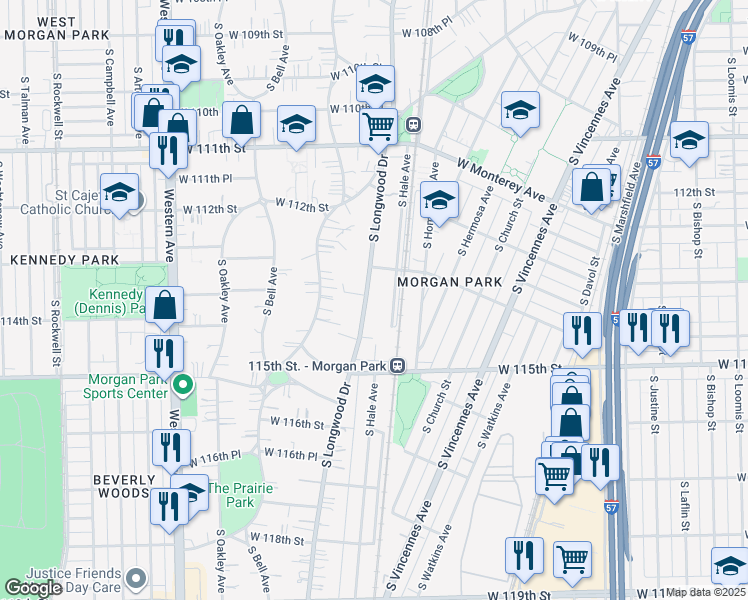 map of restaurants, bars, coffee shops, grocery stores, and more near 11333 South Longwood Drive in Chicago