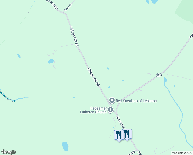 map of restaurants, bars, coffee shops, grocery stores, and more near 256 Village Hill Road in Lebanon