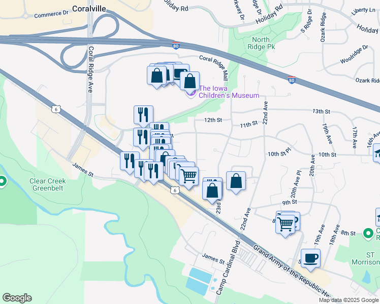 map of restaurants, bars, coffee shops, grocery stores, and more near 894-900 Boston Way in Coralville