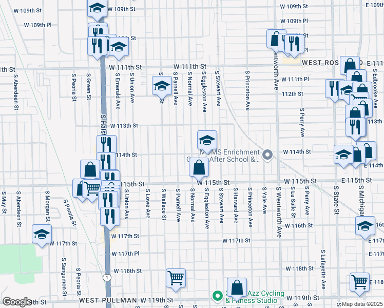 map of restaurants, bars, coffee shops, grocery stores, and more near South Normal Avenue & West 114th Street in Chicago