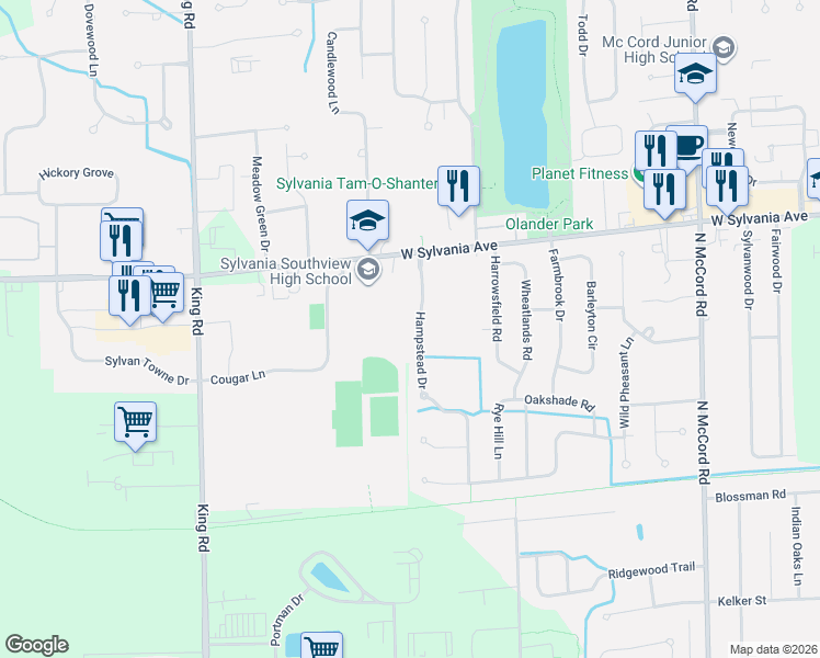 map of restaurants, bars, coffee shops, grocery stores, and more near 3839 Hampstead Drive in Sylvania
