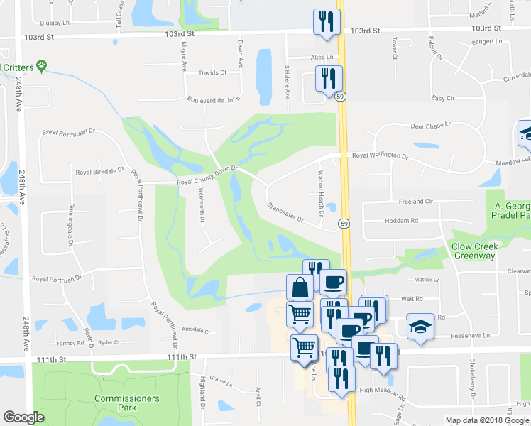 map of restaurants, bars, coffee shops, grocery stores, and more near 24159 Brancaster Drive in Naperville
