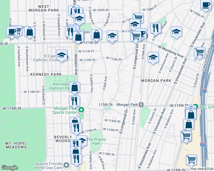 map of restaurants, bars, coffee shops, grocery stores, and more near 11345 South Bell Avenue in Chicago